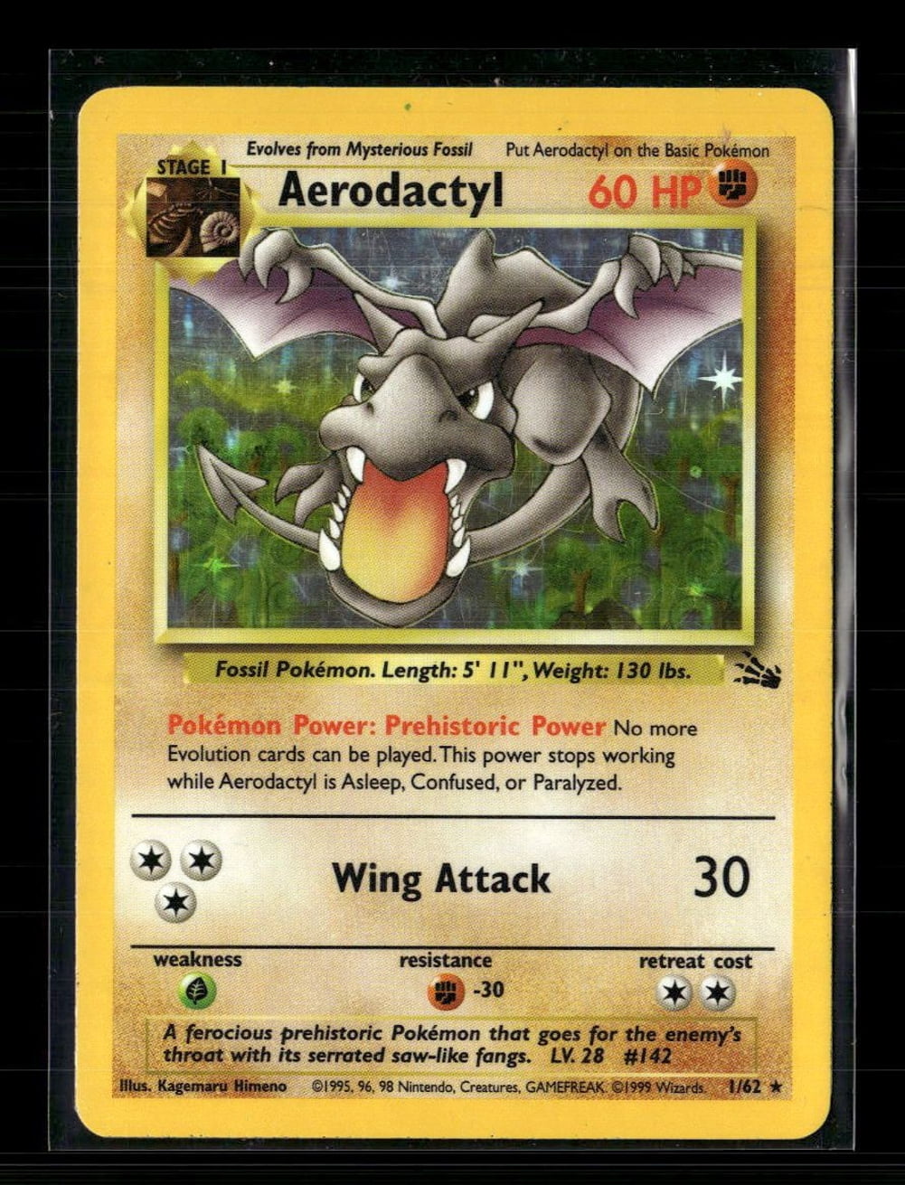 rare pokemon fossil cards Aerodactyl 1/62 Pokemon Holo Foil Rare Card Fossil Set w/Mysterious Fossil  Card