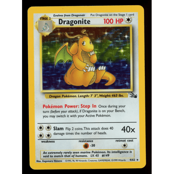 1999 Fossil Dragonite Holo Rare #4/62 Pokemon Card English Wizards of the Coast