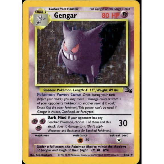 1999 Fossil Gengar Holo Rare #5/62 Pokemon Wizards of the Coast