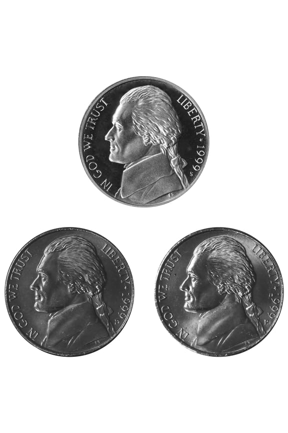 1999 Jefferson Nickel Year Set - Philadelphia and Denver BU Plus S Proof 3 Coins