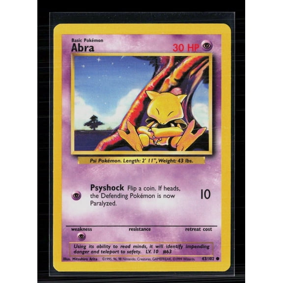 1999 Pokmon Base Set Abra #43/102 English Lightly Played Wizards of the Coast Trading Card