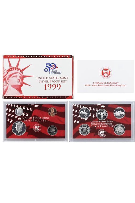 1999 Silver Proof Set - U.S. Mint 9-Coin Set - Includes 90% Silver State Quarters