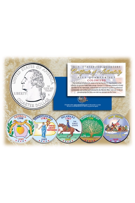 1999 US Statehood Quarters COLORIZED Legal Tender 5-Coin Complete Set w/Capsules