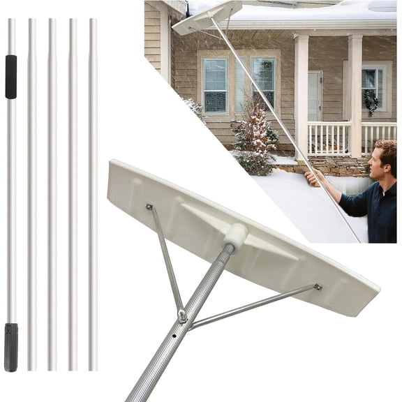19Ft Snow Roof Rake Removal Clean Tool Ice Dams Rooftop Snow Scraper Shovel for Sltanted Cedar Shake Roofs Car Ranch House Leaves Debris - Lightweight Pole