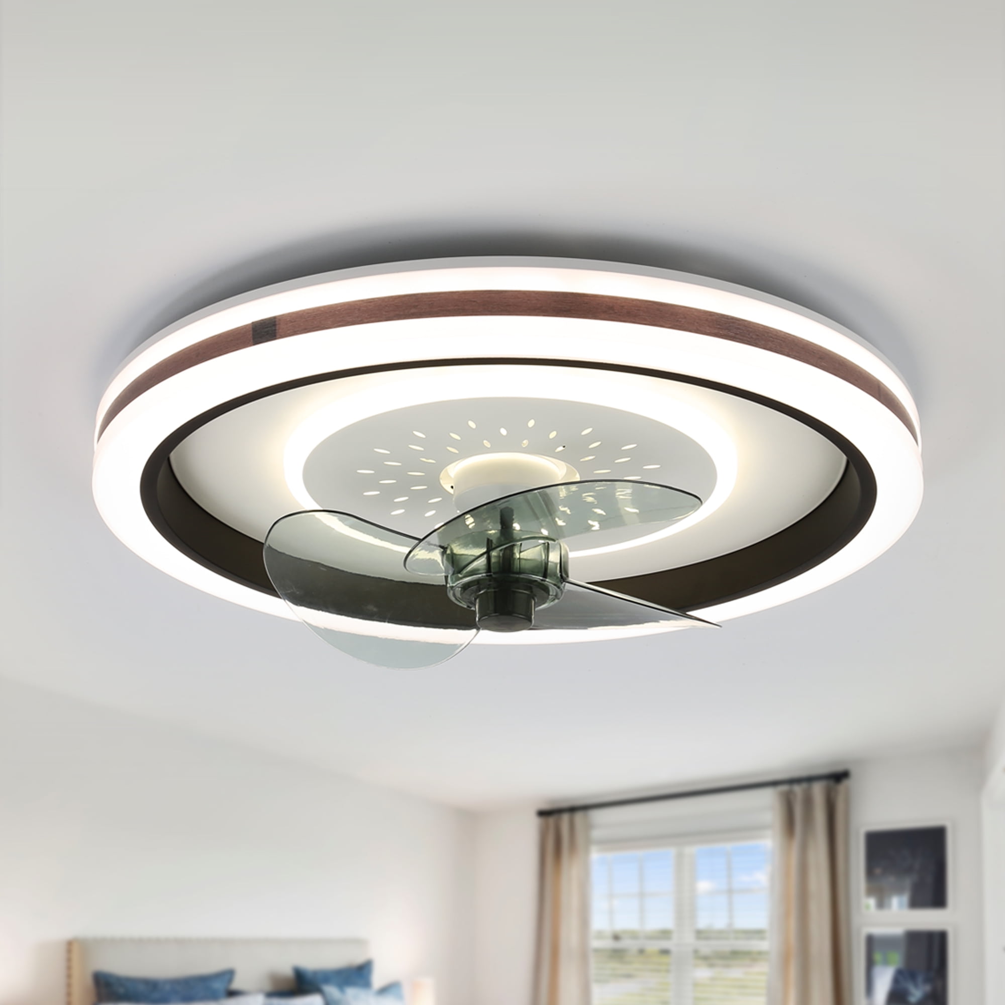19-Inch Black and Clear Flush Mount Ceiling Fan with Remote and Lighting