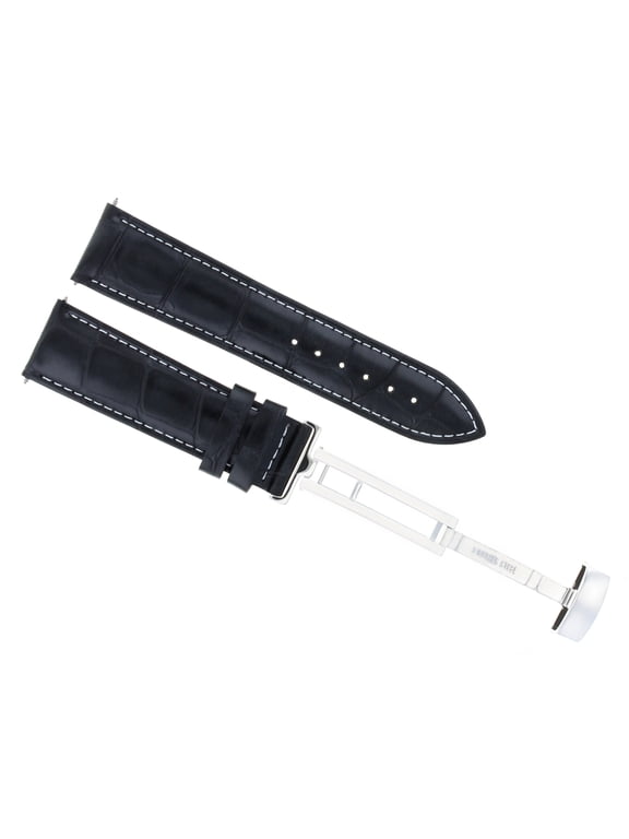 19mm Leather Watch Band Strap Deployment Clasp, Black with White Stitching, Silver Clasp, Compatible With 36mm Baume Mercier Capeland