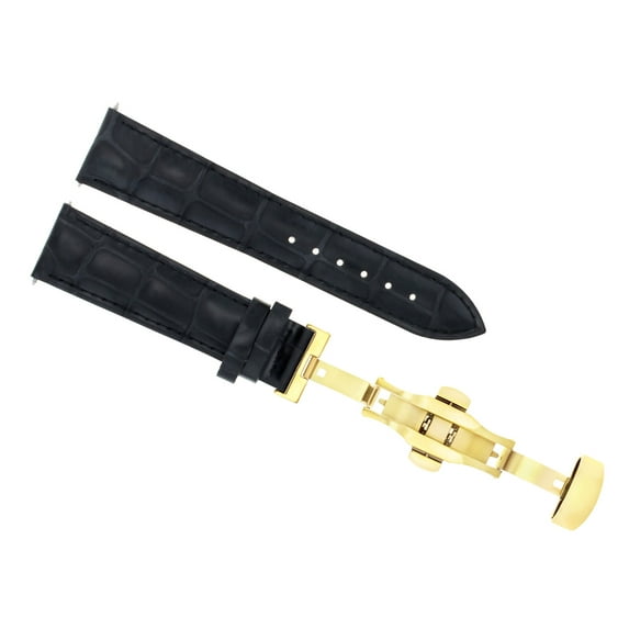 19MM LEATHER STRAP WATCH BAND FOR LONGINES WATCH DEPLOYMENT CLASP BLACK GOLD