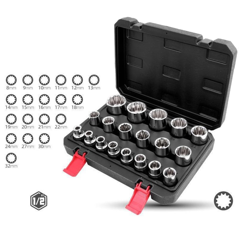 19PC 12 Point Teeth Short Socket Head 1/2 Drive Torx Bit Ratchet Wrench