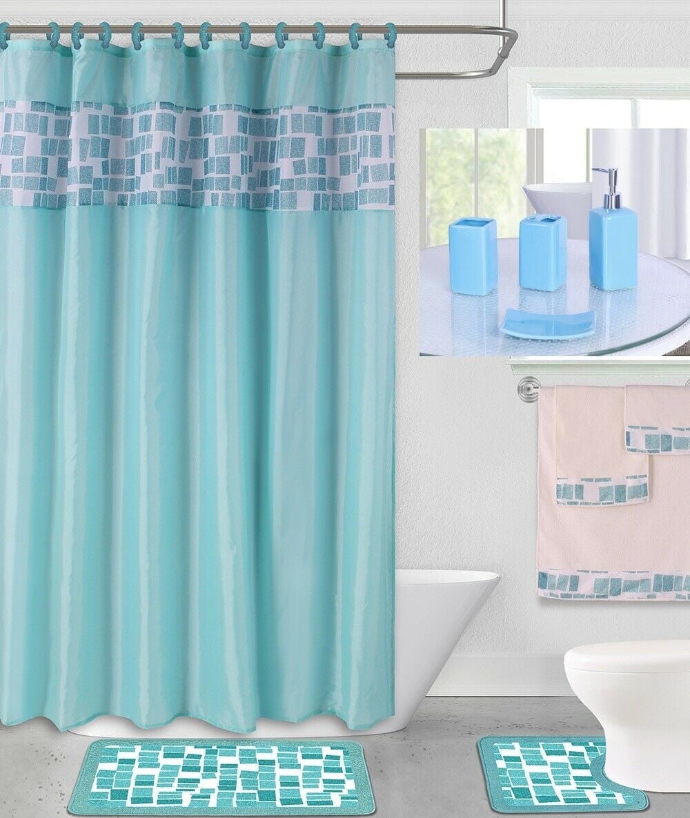 19PC BATHROOM SET EMBROIDERY BANDED MOSAIC TEAL WASHABLE RUBBER BACKING ANTI SLIP INCLUDES 2 BATH RUG/MATH + 1 SHOWER CURTAIN + 12PC RINGS COVERED + 4 ACCESSORIES CERAMIC