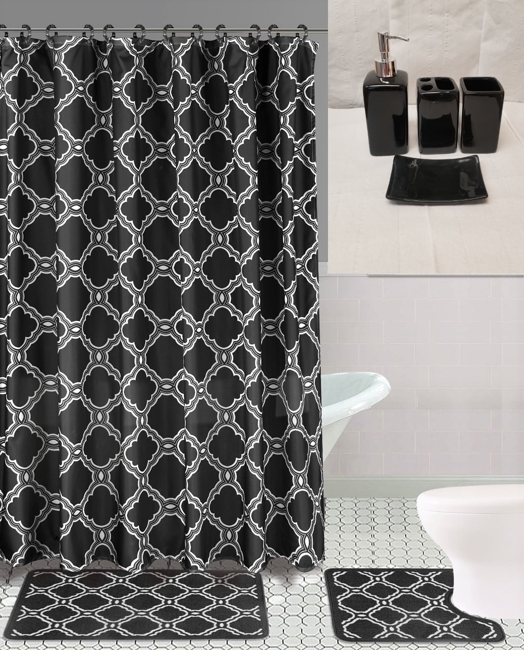 19PC Bathroom Set Embroidery Banded Honey Black Washable Rubber Backing Anti Slip Includes 2 Bath Rug/Math + 1 Shower Curtain + 12PC Rings Covered + 4 Accesories Ceramic
