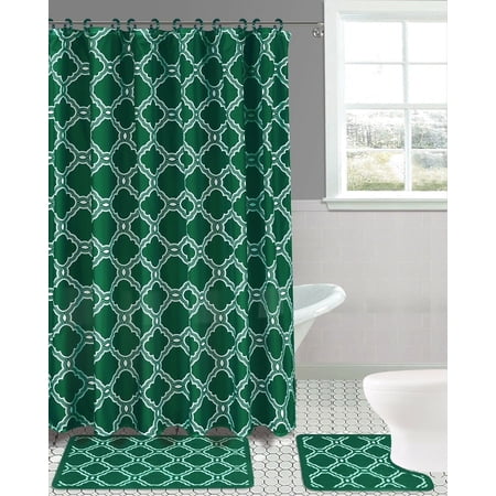 19PC Bathroom Set Embroidery Banded Honey Hunter Washable Rubber Backing Anti Slip Includes 2 Bath Rug/Math + 1 Shower Curtain + 12PC Rings Covered + 4 Accesories Ceramic