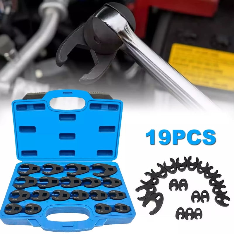 19PC Crow foot Flare Nut Wrench Set 3/8 1/2in Drive Ratchet Extension Large Tool