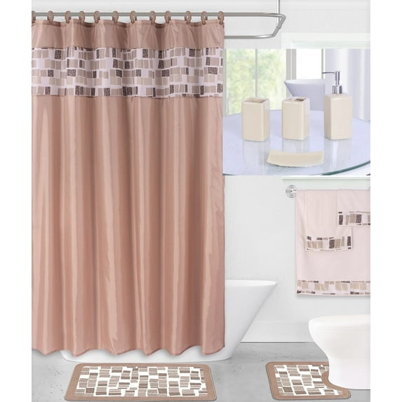 19PC DIAMOND TAUPE BATHROOM SET WASHABLE RUBBER BACKING ANTI SLIP INCLUDES 2 BATH RUG/MATH + 1 SHOWER CURTAIN + 12PC RINGS COVERED + 4 ACCESSORIES CERAMIC