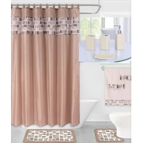 19PC DIAMOND TAUPE BATHROOM SET WASHABLE RUBBER BACKING ANTI SLIP INCLUDES 2 BATH RUG/MATH 1 SHOWER CURTAIN 12PC RINGS COVERED 4 ACCESSORIES CERAMIC