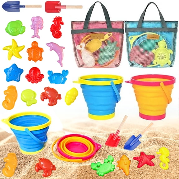 19PCS Beach Sand Toys for Kids - Travel Beach Toys with 2 Collapsible Beach Buckets, Mesh Bags, Sand Molds, Sand Scoops, Sand Bucket Shovel Set Sandbox Toys for Toddler Kid Ages 3-10