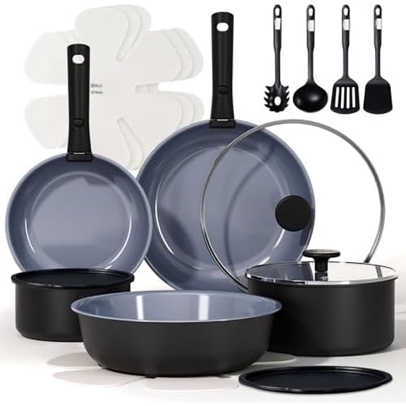 19PCS Ceramic Cookware Sets, Black and Gray, Pots and Pans Set Non Stick Non Toxic, Induction Cookware, Kitchen Cookware Sets, Pots Set for Healthy Cooking