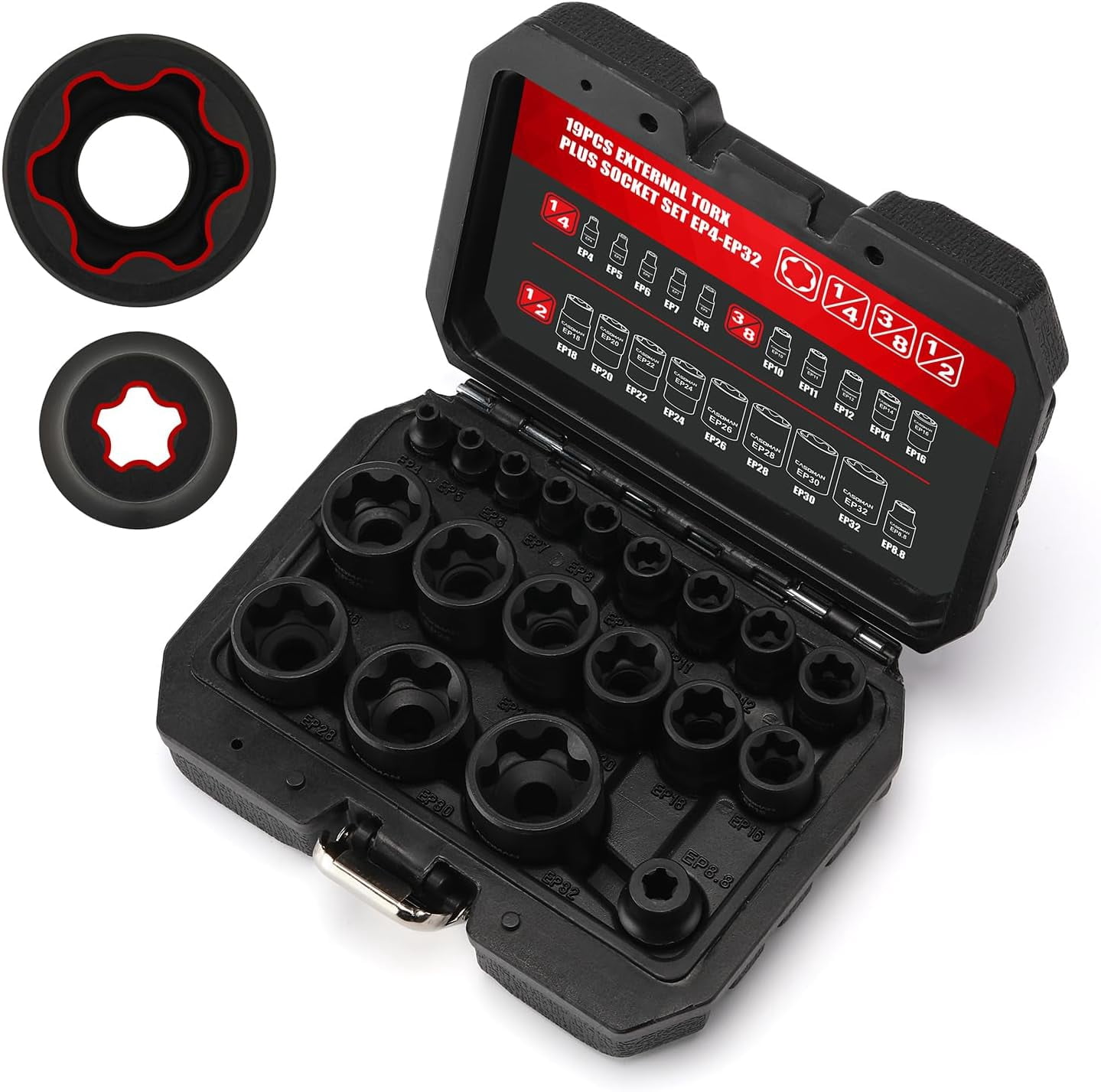 19PCS External Torx Plus Socket Set, 6 Point EP Socket EP4-EP32 with 1/2'', 3/8'' & 1/4'' Dr, 5 Point EP Socket 1/2'' Dr. EP8.8 Compatible with Tesla, Cr-V Steel