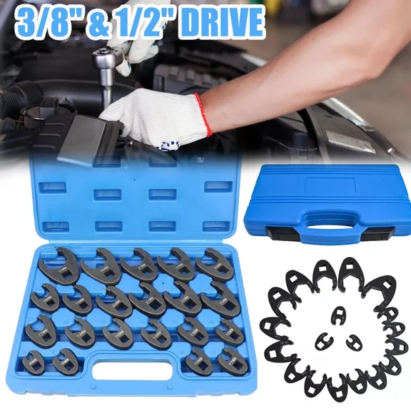 19PCS Flare Nut Crowfoot Wrench Set Metric Crows Foot Wrench Kit 3/8" 1/2" Drive