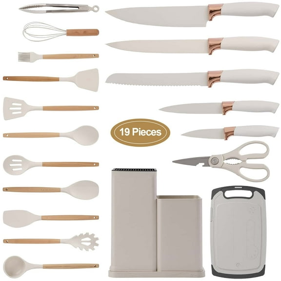 19PCS Kitchen Utensils Set for Cooking, 11 Cooking Utensils, 6 Knife set Beige,3 Utensil Sets,utensilios de cocina