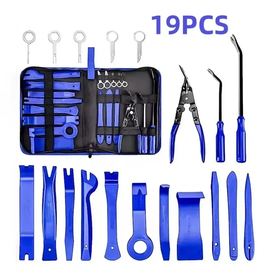 19Pcs Auto Trim Removal Tool Kit, Nylon No-Scratch Pry Bar Set with Fastener Clip Remover Pliers, Multi-Shape Panel Trimmer Tools for Car Interior Door, Dashboard, Audio Stereo, Molding & Upholstery