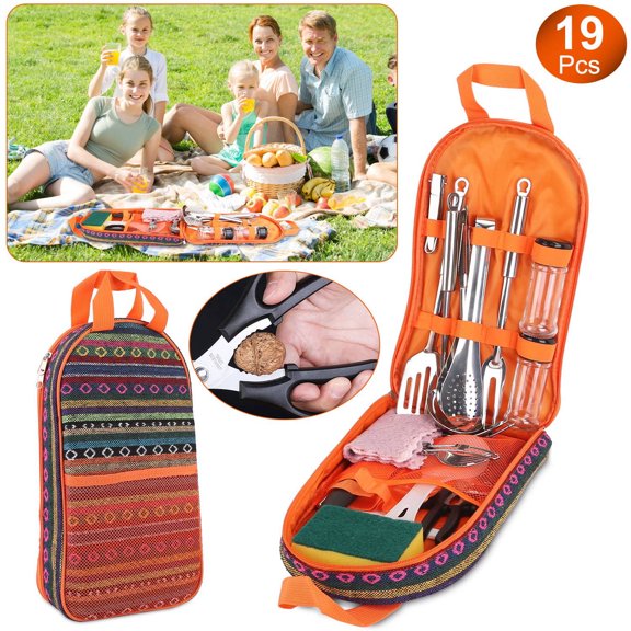 19Pcs BBQ Grill Tool Set with Portable Storage Bag - Food-Grade Stainless Steel Camping Cooking Utensil Kit for Outdoor Picnic Backyard Party