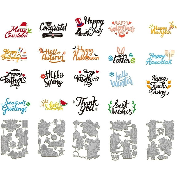 19Pcs Blessing Words Metal Cutting Dies Congratulations Word Carbon Steel Die Cuts Stencils for Thanksgiving Christmas Halloween Embossing