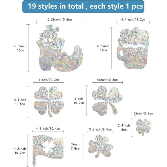 19Pcs Clover Window Clings Shamrock Rainbow Window Glass Four-Leaf Decals for Birds Strike Non Adhesive Anti-Collision Lucky Stickers Sliding Doors Windows Home Decor for St Patrick's Day