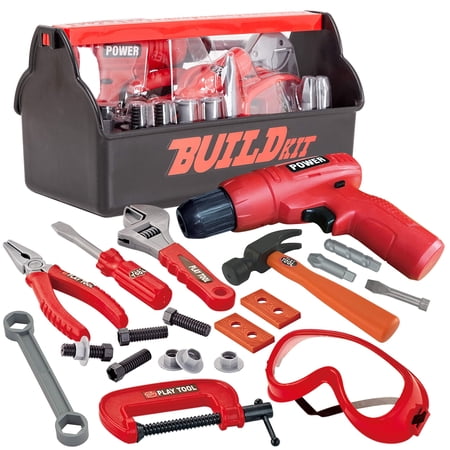 Joyfy 19Pcs Kids Tool Set, Pretend Play Toddler Power Toy Tool with Construction Tool Box & Electronic Toy Drill