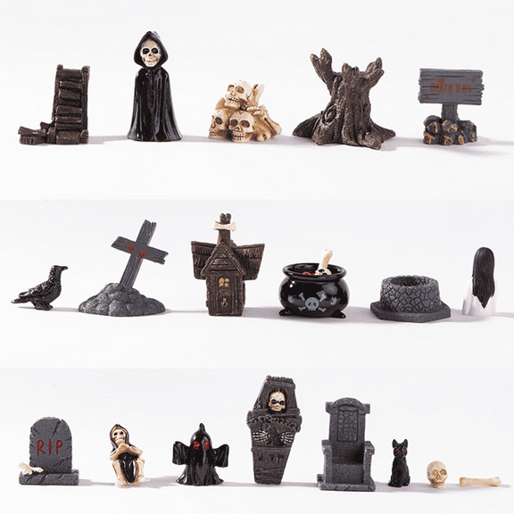 19Pcs Mini Halloween Resin Toy Set Halloween Statue Decoration Skull Head Mummy Ghost Day Horror Resin Decoration Home Desktop Creative Decoration Easter Gift