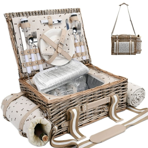 19Pcs Picnic Basket for 2 with Insulated Liner and Waterproof Picnic Blanket Wine Pouch Full Cultery for Camping, Outdoor, Valentine Day, Christmas for Couples