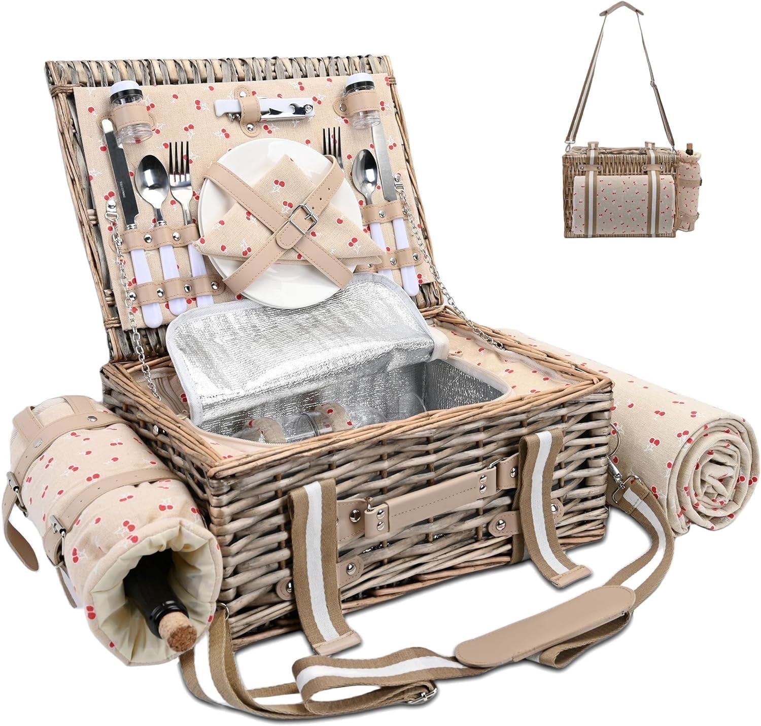19pcs Wicker Picnic Basket Set for 2 with Insulated Liner, Waterproof Blanket, Wine Pouch & Cutlery Set for Outdoor Camping - Walmart.com