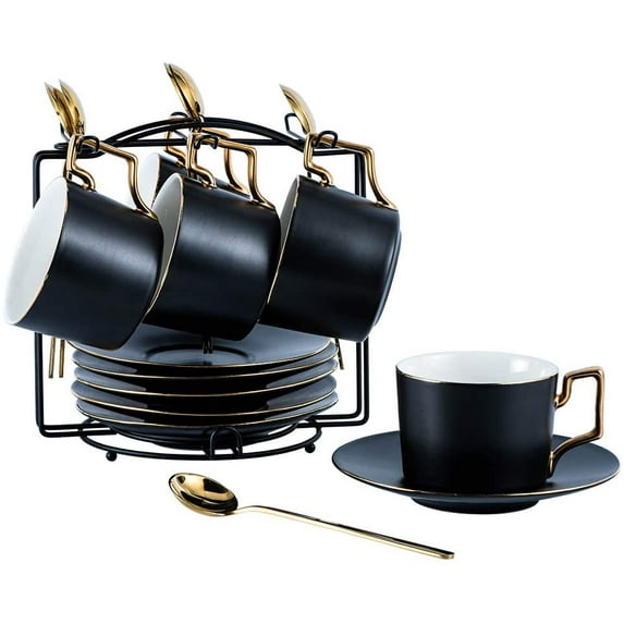 19Pcs Porcelain Coffee Cups and Saucers Set of 6 Matte Black, 7 Ounce Tea Cup Set, Espresso Cups, Cappuccino Cup Gold Edge with Holder