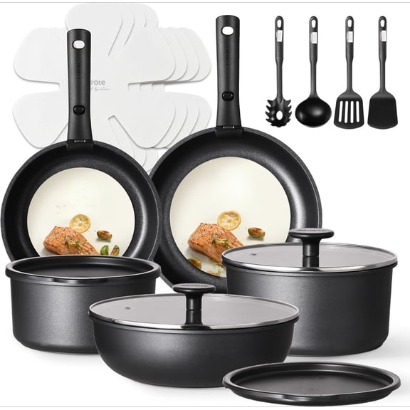 19Pcs Pots and Pans Set Non Stick, Cookware Set Detachable Handle, Nonstick Induction Kitchen Sets Non Stick with Removable Handle, RV Cook Ware, Oven Safe, Black