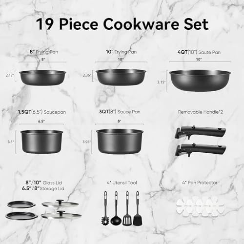 19Pcs Pots and Pans Set Non Stick, Cookware Set Detachable Handle, Nonstick Induction Kitchen Sets Non Stick with Removable Handle, RV Cook Ware, Oven Safe, Black