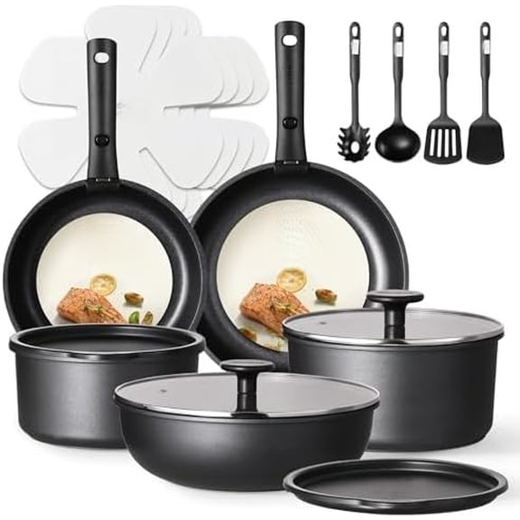 19Pcs Pots and Pans Set Non Stick, Cookware Set Detachable Handle, Nonstick Induction Kitchen Sets Non Stick with Removable Handle, RV Cook Ware, Oven Safe, Black
