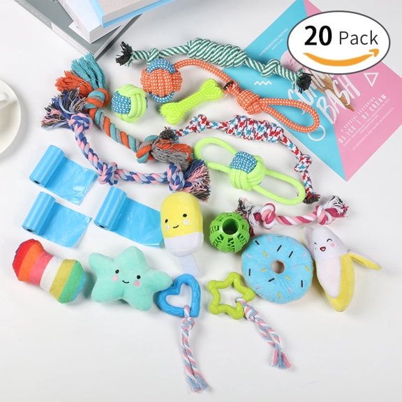 19Pcs Puppy Chew Toys for Teething, Dog Chew Toys with Rope Toy, Pet Dog Toothbrush, Treat Balls, Plush Toys and Squeaky Toys for Small Medium Dogs with Basket