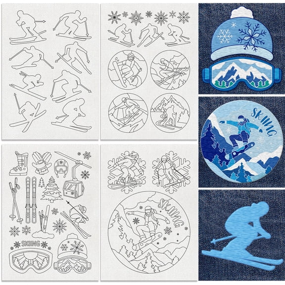19Pcs Skiers Skiing Water Soluble Hand Sewing Stabilizers 8.3"x11.7" Skiing Equipment and Silhouette Embroidery Pattern Stabilizer 4 Sheets Skiing Stick and Stitch Embroidery Paper Sticker