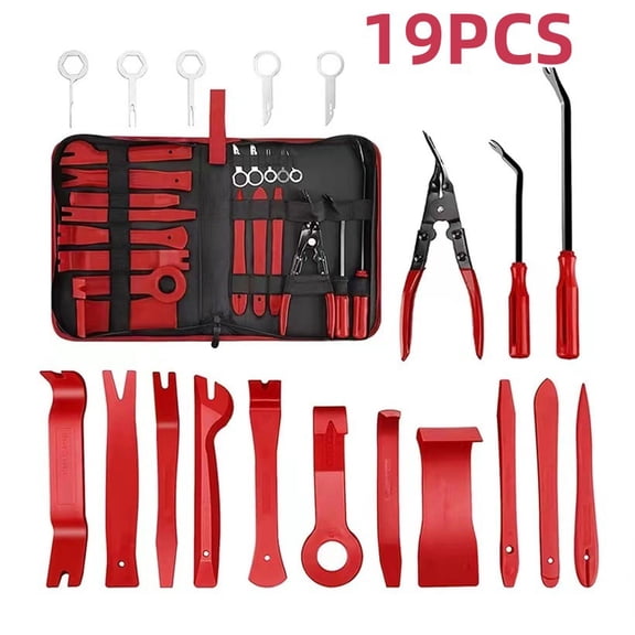 19Pcs Trim Removal Tool, Car Panel Dashboard Door Audio Trim Removal Tool Kit, Auto Clip Pliers Fastener Remover Set, Plastic Pry Tool, Automotive Upholstery Removal Kit-Red Color