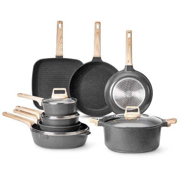 19Piece Granite Nonstick Pot Set, Induction Fry/Sauce/Wok, Tempered Lids & Protector, Black for RV/Kitchen
