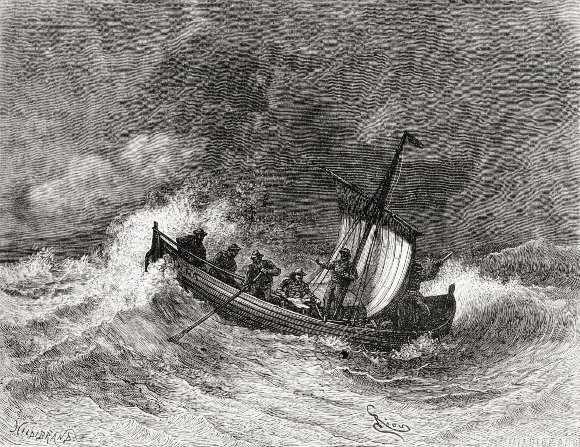 19Th Century Fishing Boat In Stormy Weather From El Mundo En La Mano Published 1878 Canvas Art - Ken Welsh Design Pics (16 x 12)