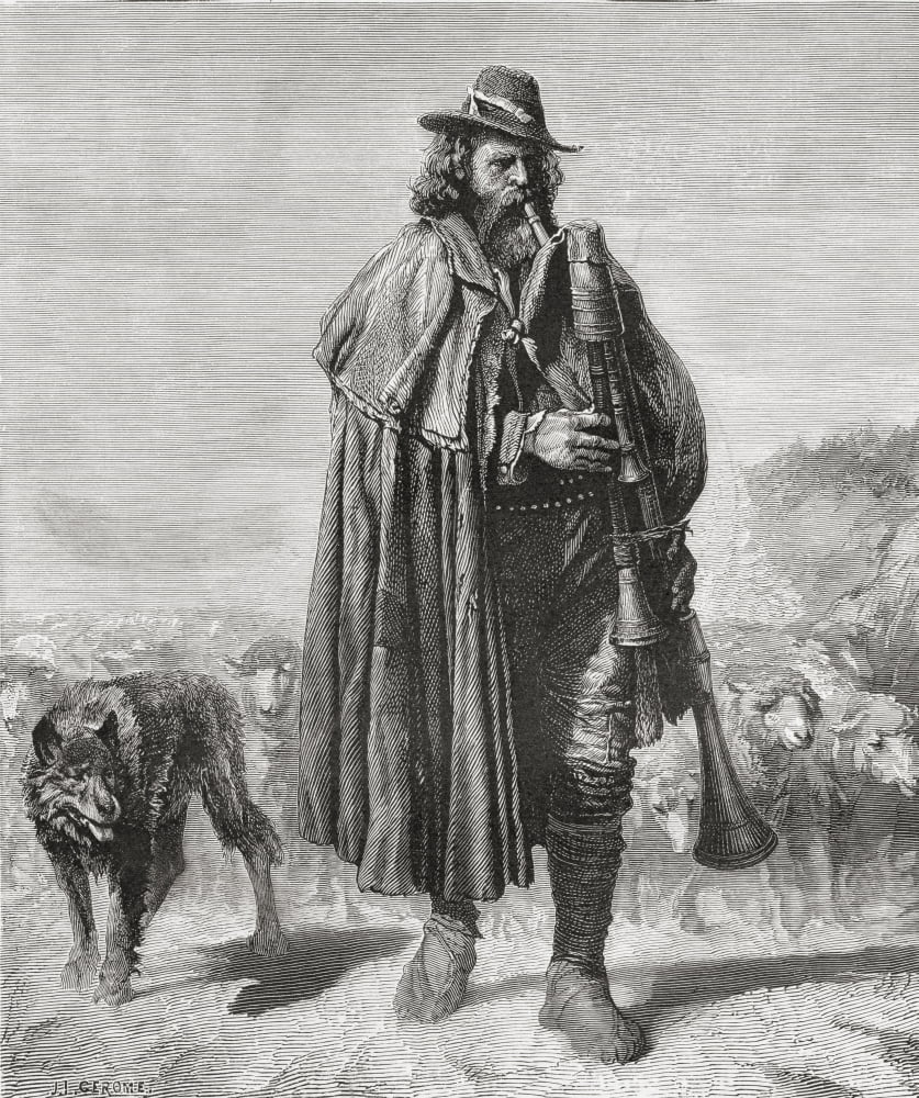 19Th Century Italian Shepherd With His Dog And Sheep Playing Bagpipes From Italian Pictures Published 1895 Canvas Art - Ken Welsh Design Pics (28 x 34)