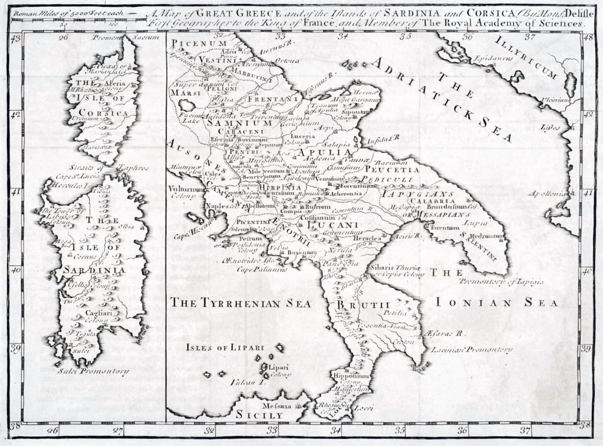 19Th Century Map Of Great Greece And Of The Islands Of Sardina And Corsica By Guillaume Delisle 1675 To 1726 Canvas Art - Ken Welsh  Design Pics (34 x 24)