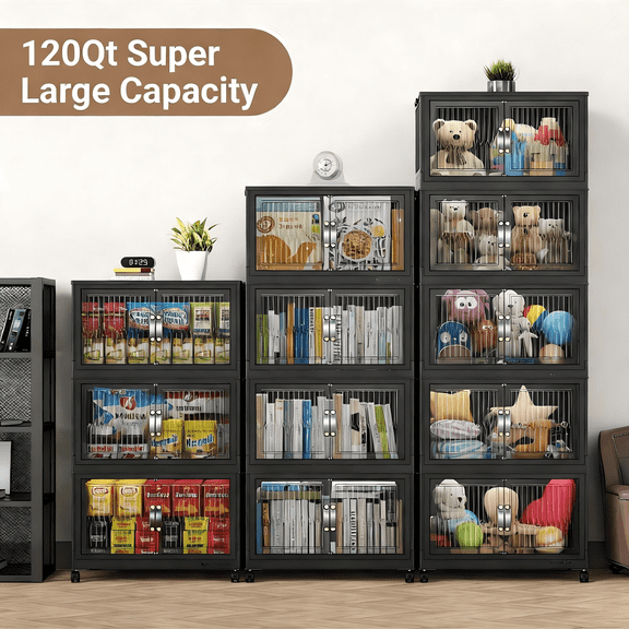 19inch Grey Stackable Storage Bins with Lid, Extra Large Closet Organizer Collapsible Drawer Boxes with Wheels, Folding Plastic Cabinet Containers for Home Kitchen Room Organization, 4Pack