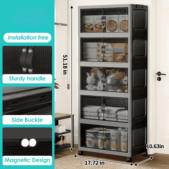 19in/5Tier/200Qt，Stackable Storage Bins with Lid, Extra Large Closet Organizer Collapsible Drawer Boxes with Wheels, Folding Plastic Cabinet Containers for Home Kitchen Room Organization, 5Pack