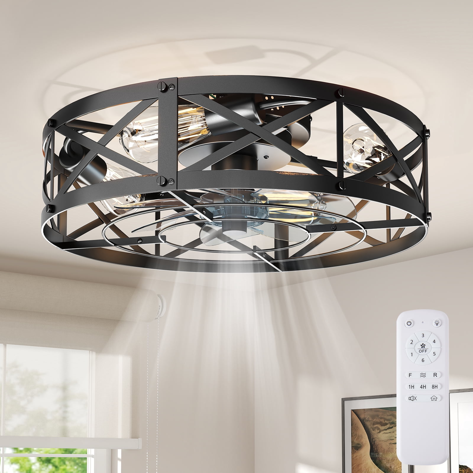 19in Caged Ceiling Fan with Remote, Industrial Farmhouse Ceiling Fans with Lights,Flush Mount with 6 Wind Speeds for Bedroom Kitchen, Black