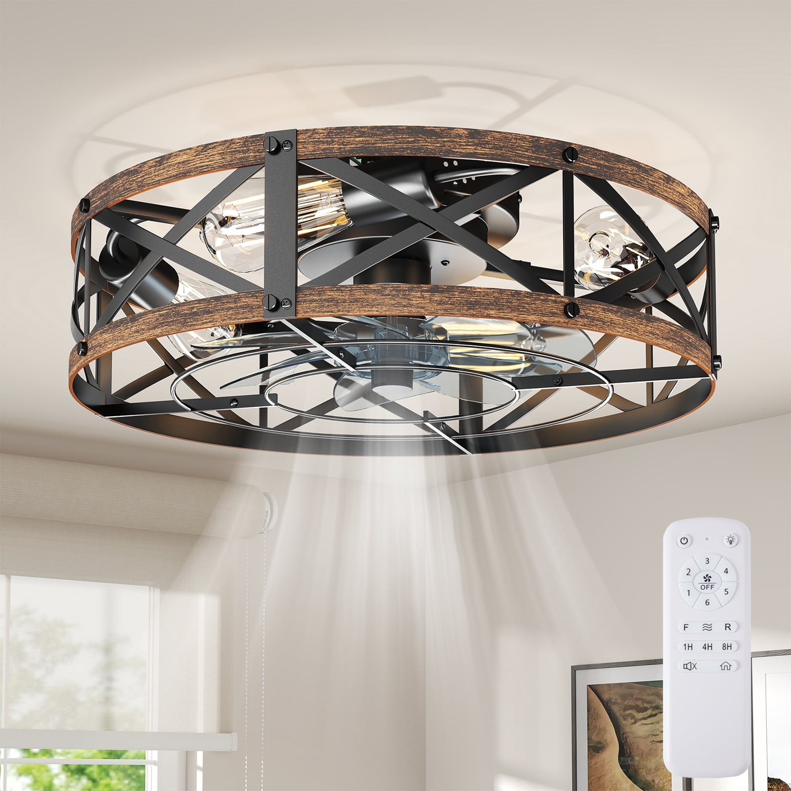 19in Caged Ceiling Fan with Remote, Industrial Farmhouse Ceiling Fans with Lights,Flush Mount with 6 Wind Speeds for Bedroom Kitchen, Gold