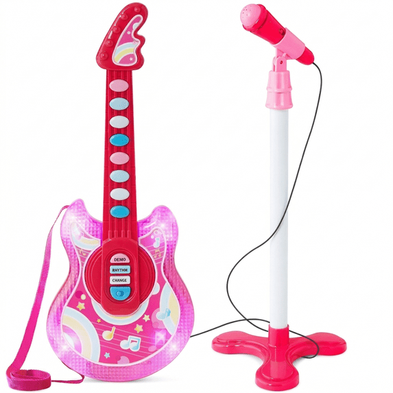 19in Kids Flash Guitar for Girls gift,Pretend Play Musical Instrument Toy for Toddlers with Mic,Stand - Pink