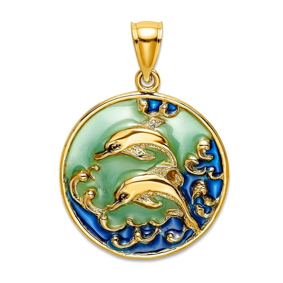 19mm 14k Gold Double Dolphins and Blue Stained Glass In Circle 2-d Charm Pendant Necklace for Women