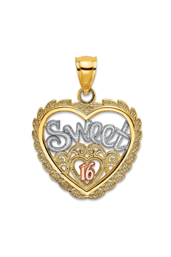 19mm 14k Two-tone Gold Sweet 16 In Love Heart Pendant Necklace Tri-color Pendant for Women