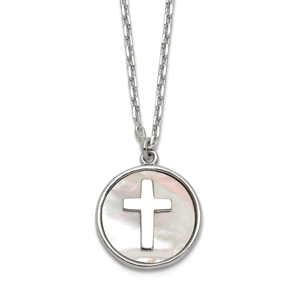 19mm 925 Sterling Silver Polished Simulated Mother of Pearl Religious Faith Cross Necklace 16 Inch Pendant Necklace for